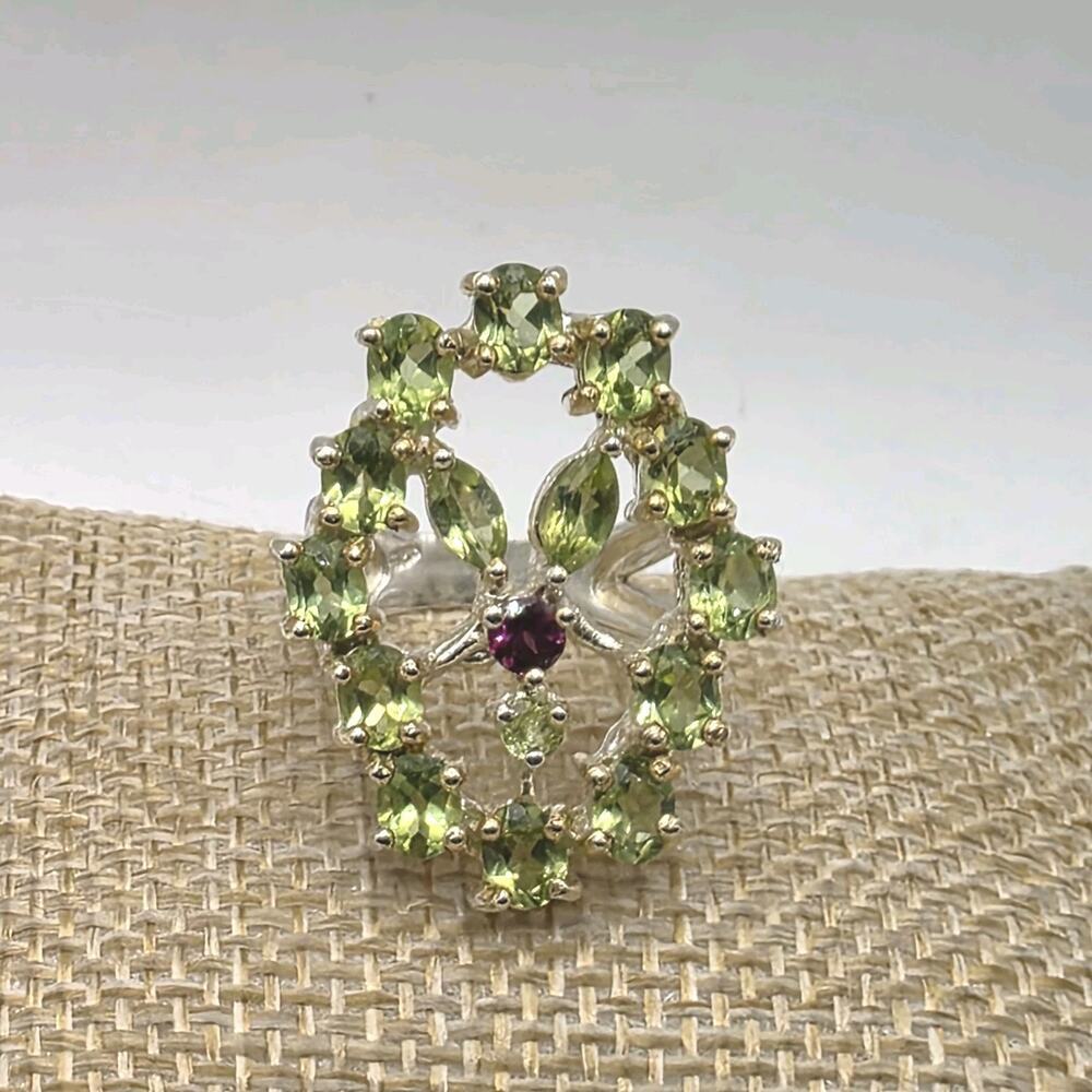 Gorgeous Peridot and Garnet Gemstone Sterling Silver 925 Cocktail Ring Size 6.5